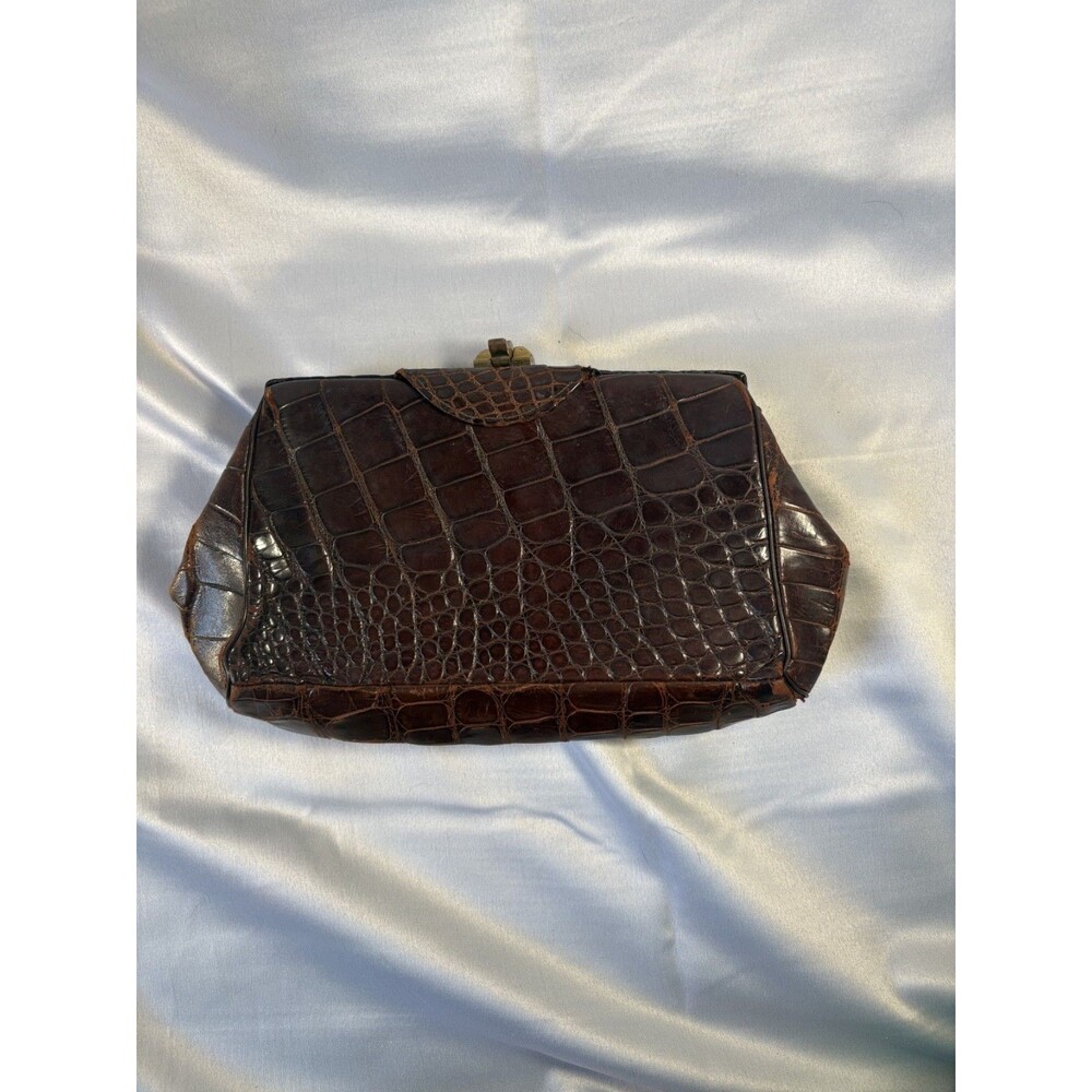Vintage Ballen Alligator Skin Design Clasp Opening Hand Bag 50s Chocolate Brown